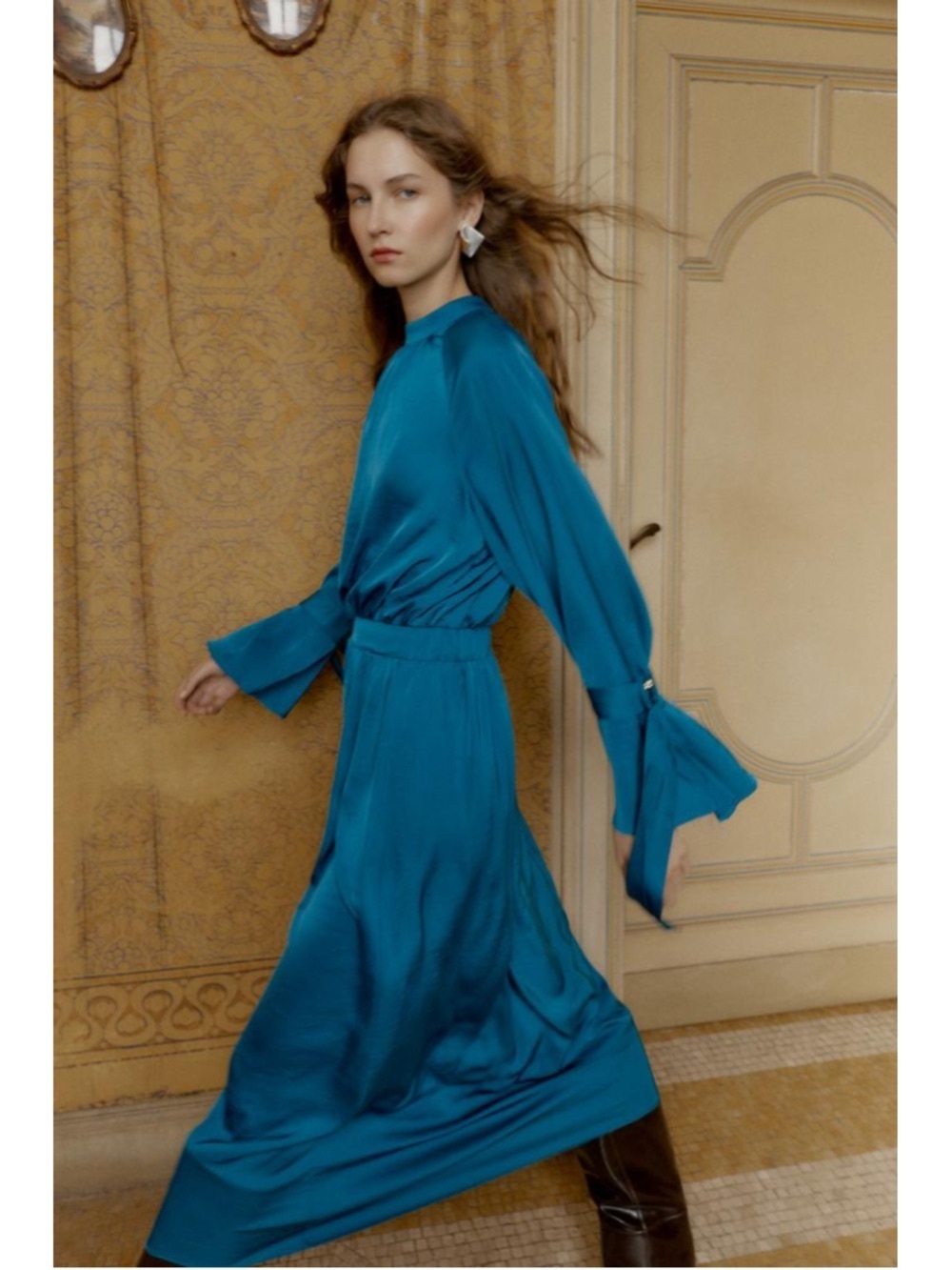 Zara Satin Effect Midi Dress XS Blue Mock Neck Open Back Tie Sleeve NWT Elegant
